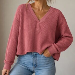 Madewell Waffle Knit Top – V-Neck- Dusty Rose – Size Small